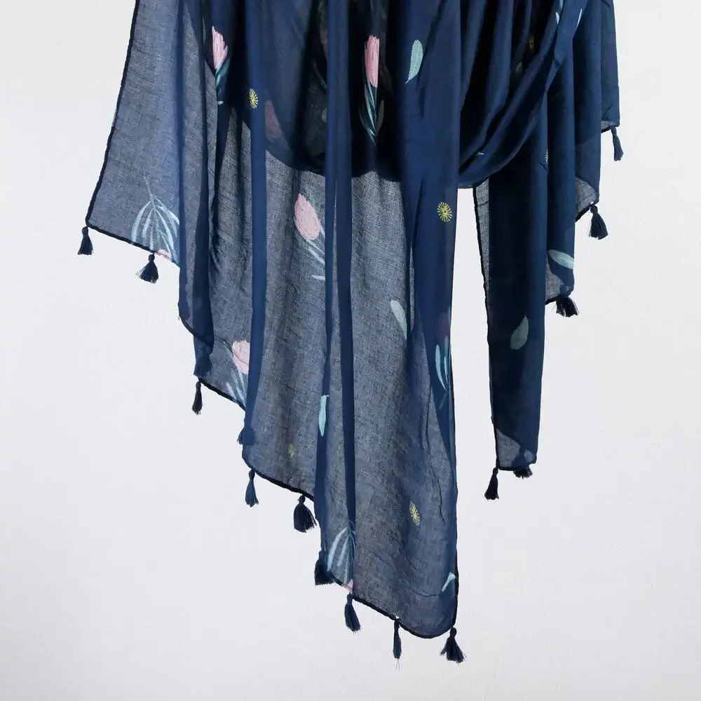 NEW Boho Floral Design Tasseled Rectangle Soft Chic Scarf Large Blue Pink White